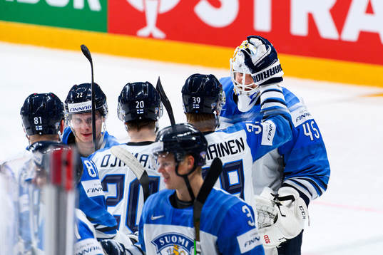 Goalkeeper Jussi Olkinuora  of Finland celebrates