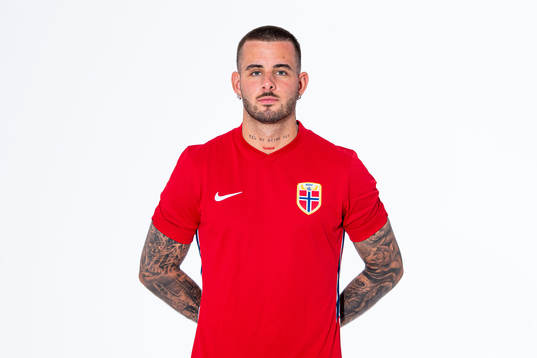 Aron Dønnum of the Norwegian national football team poses