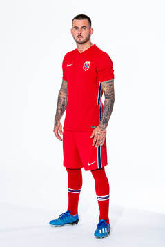 Aron Dønnum of the Norwegian national football team poses