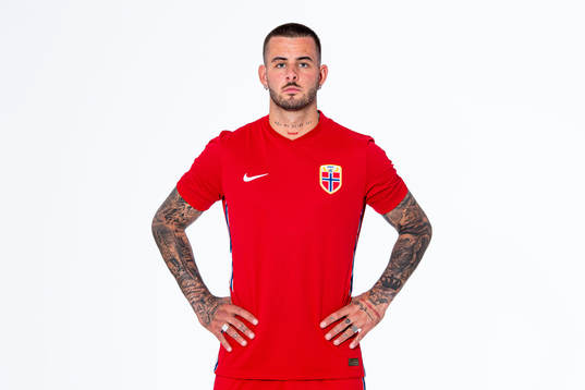 Aron Dønnum of the Norwegian national football team poses