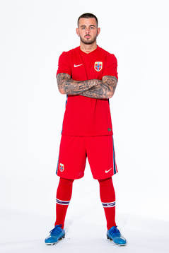Aron Dønnum of the Norwegian national football team poses