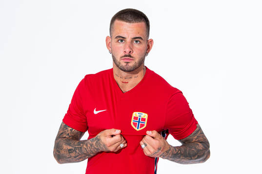 Aron Dønnum of the Norwegian national football team poses