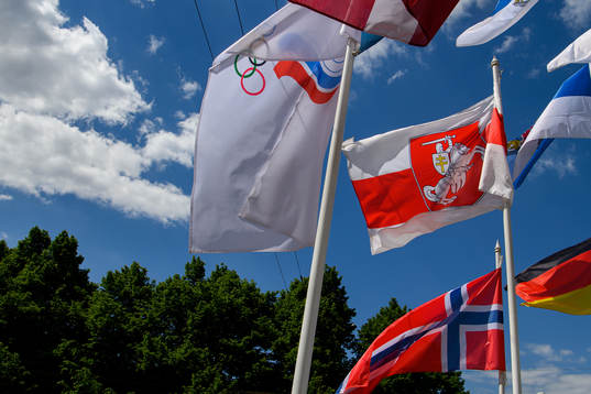 The Belarusian opposition's flag among the flags of the