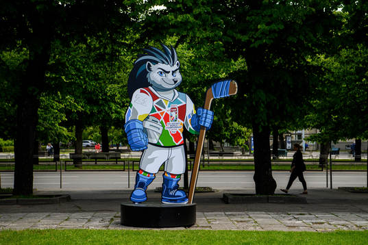 A statue of the official mascot of 2021 IIHF Ice Hockey