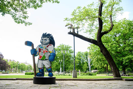 A statue of the official mascot of 2021 IIHF Ice Hockey
