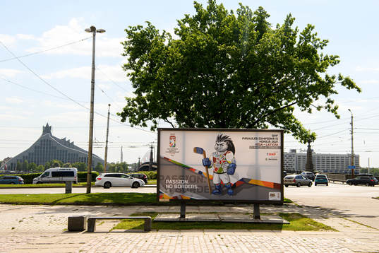 A poster of the official mascot of 2021 IIHF Ice Hockey