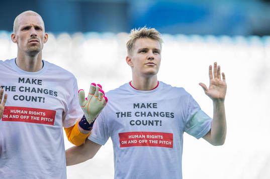 Goalkeeper André Hansen and Martin Ødegaard of Norway