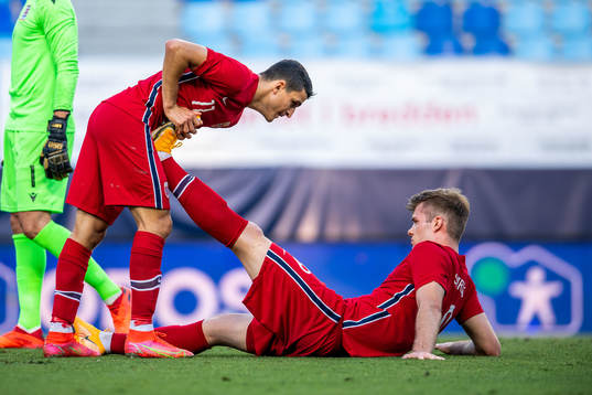 Mohamed Elyounoussi and Alexander Sørloth of Norway