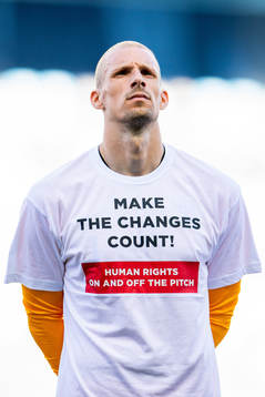 Goalkeeper André Hansen of Norway wearing a t-shirt with