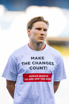 Jonas Svensson of Norway wearing a t-shirt with the message