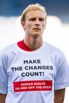 Morten Thorsby of Norway wearing a t-shirt with the message