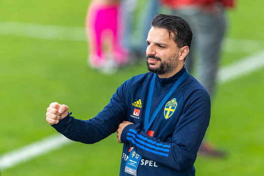 Poya Asbaghi, head coach of Sweden, celebrates
