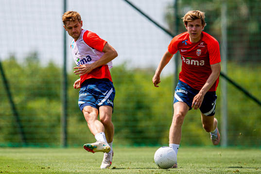 Julian Ryerson and Jens Petter Hauge of the Norwegian