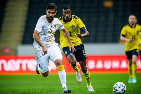 Taron Voskanyan of Armenia and Alexander Isak of Sweden