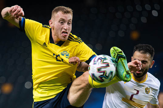 Dejan Kulusevski of Sweden in action against Andre Jack