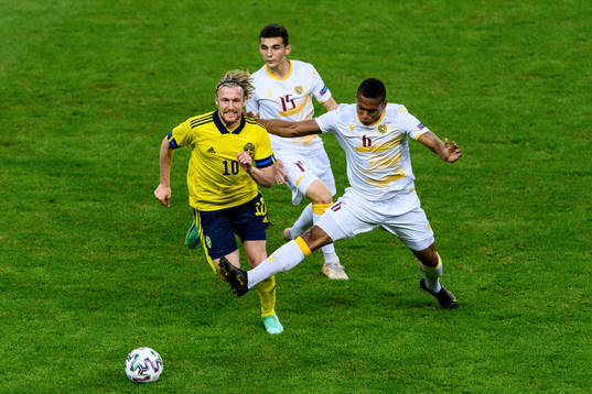 Emil Forsberg of Sweden against Eduard Spertsyan and