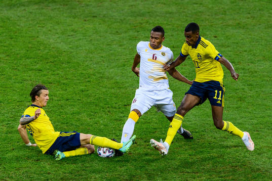 Kristoffer Olsson and Alexander Isak of Sweden against