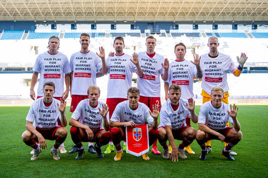 Norway's starting eleven pose for a team photo wearing a