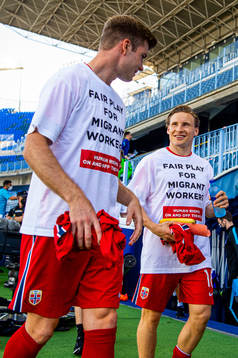 Alexander Sørloth and Jonas Svensson of Norway wearing a