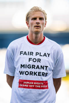 Morten Thorsby of Norway wearing a t-shirt with the message