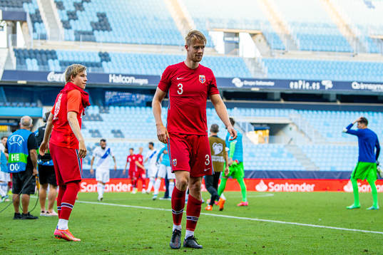 Kristoffer Ajer of Norway looks dejected