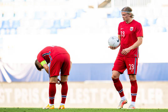 Martin Ødegaard and Erling Braut Haaland of Norway look
