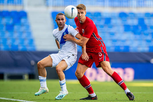 Dimitrios Pelkas of Greece and Kristoffer Ajer of Norway