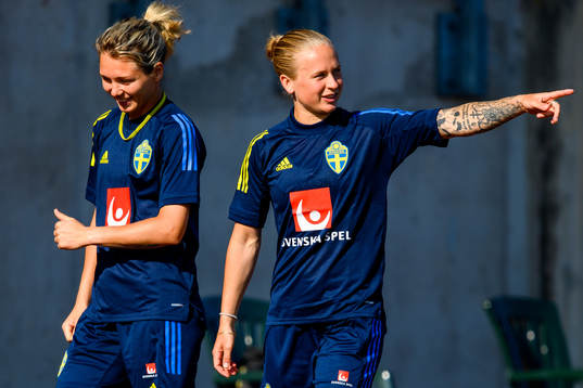 Goalkeeper Jennifer Falk and Filippa Curmark of the Swedish