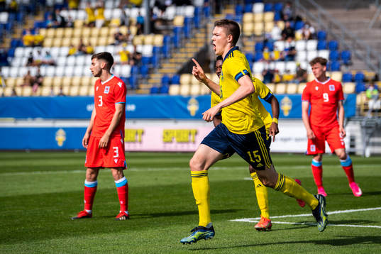 Emil Holm of Sweden celebrates 1-0