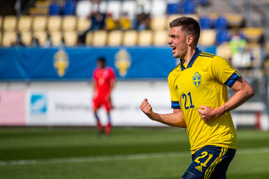 Tim Prica of Sweden celebrates 2-0