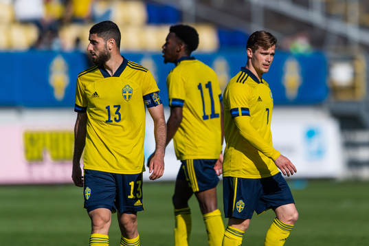Aiham Ousou, Anthony Elanga and Hampus Finndell of Sweden