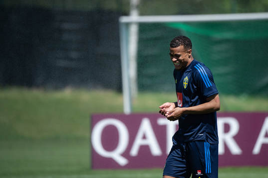 Robin Quaison of the Swedish national football team at a