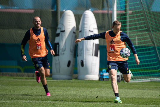 Marcus Berg and Ludwig Augustinsson of the Swedish national