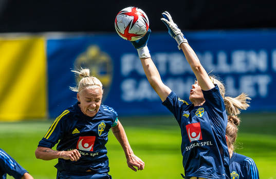 Caroline Seger and goalkeeper Jennifer Falk of Sweden