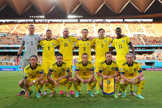 In this handout photo from UEFA the Swedish starting eleven
