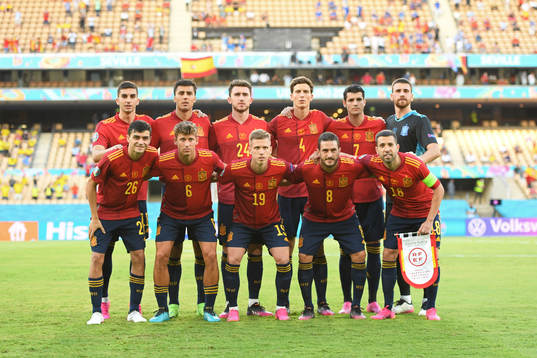 In this handout photo from UEFA the Spanish starting eleven
