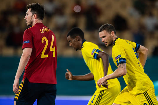 Aymeric Laporte of Spain against Alexander Isak and Marcus