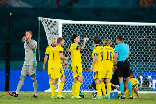 Water break when Mikael Lustig of Sweden receives medical