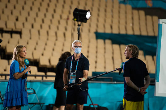 Emil Forsberg of Sweden is interviewed by Frida Nordstrand