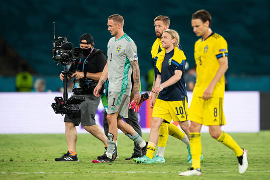 Goalkeeper Robin Olsen, Pontus Jansson and Emil Forsberg of