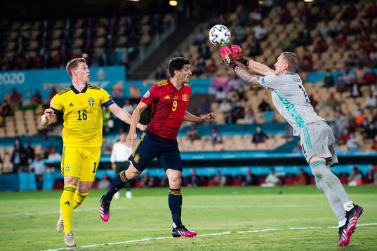 Gerard Moreno of Spain against Emil Krafth  and goalkeeper