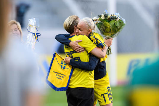 Caroline Seger of Sweden is being congratulated by Therese