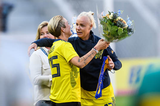 Caroline Seger of Sweden is being congratulated by Therese