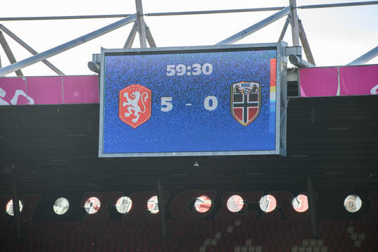 A scoreboard showing the result 5-0 for the Netherlands