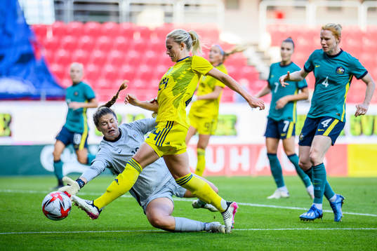 goalkeeper Teagan Micah of Australia and Rebecka Blomqvist