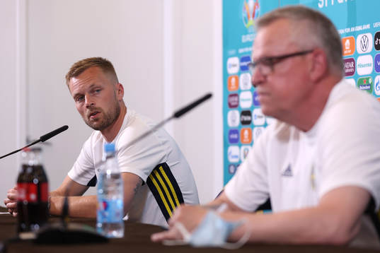 In this handout picture provided by UEFA Sebastian Larsson