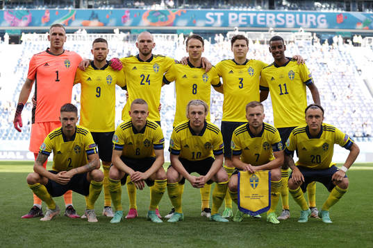 In this handout photo from UEFA the Swedish starting eleven
