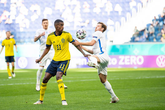 Alexander Isak of Sweden and Patrik Hrosovsky of Slovakia