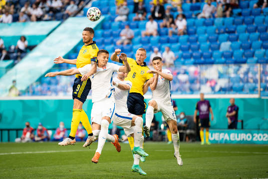 Marcus Berg and Ludwig Augustinsson of Sweden against