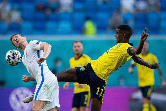 Tomas Hubocan of Slovakia in action against Alexander Isak
